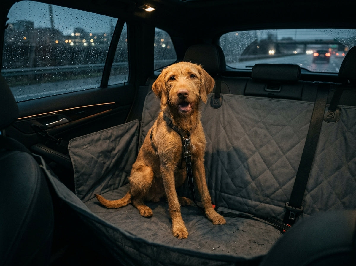 Happy dog on waterproof car seat hammock cover