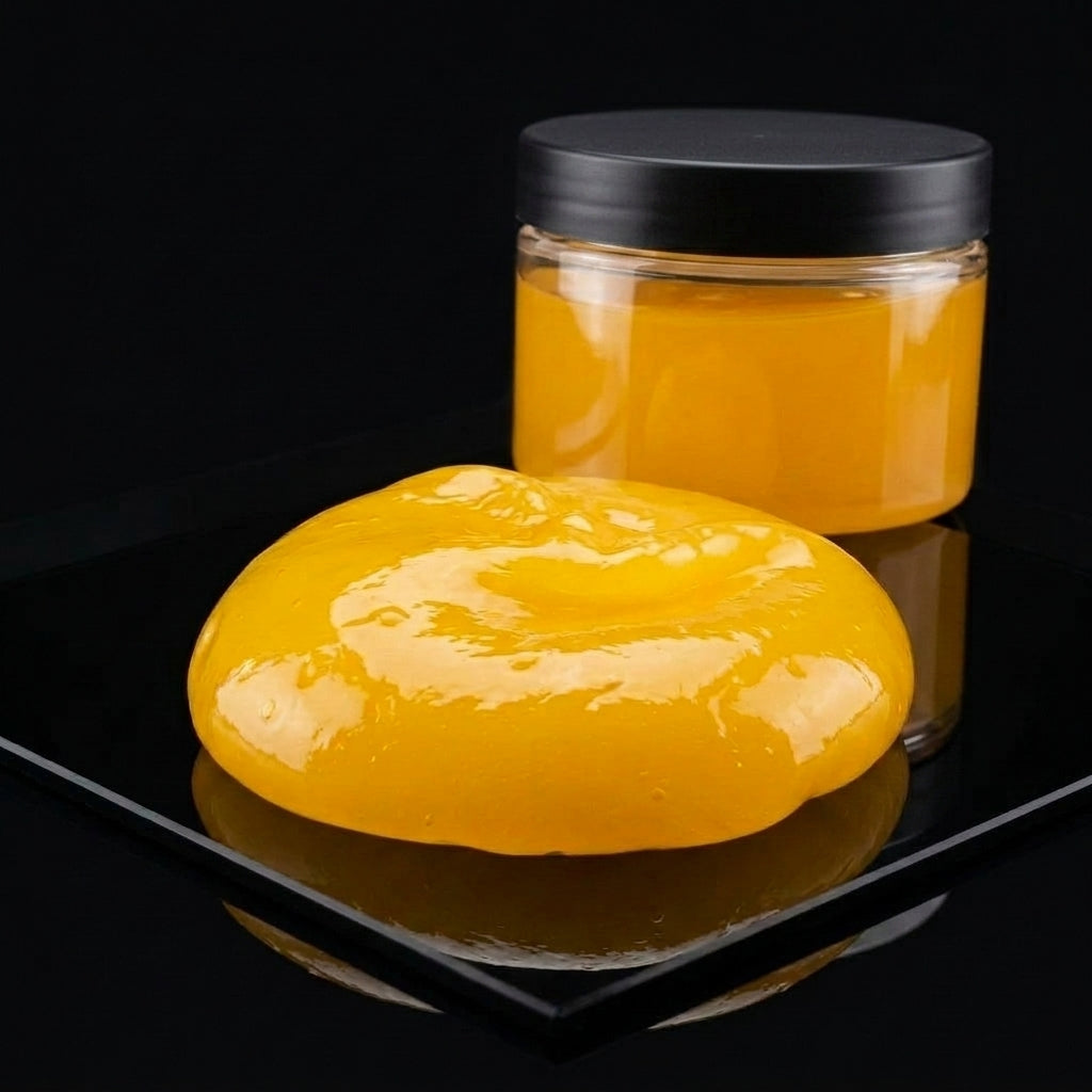 Yellow cleaning gel in plain jar with black lid